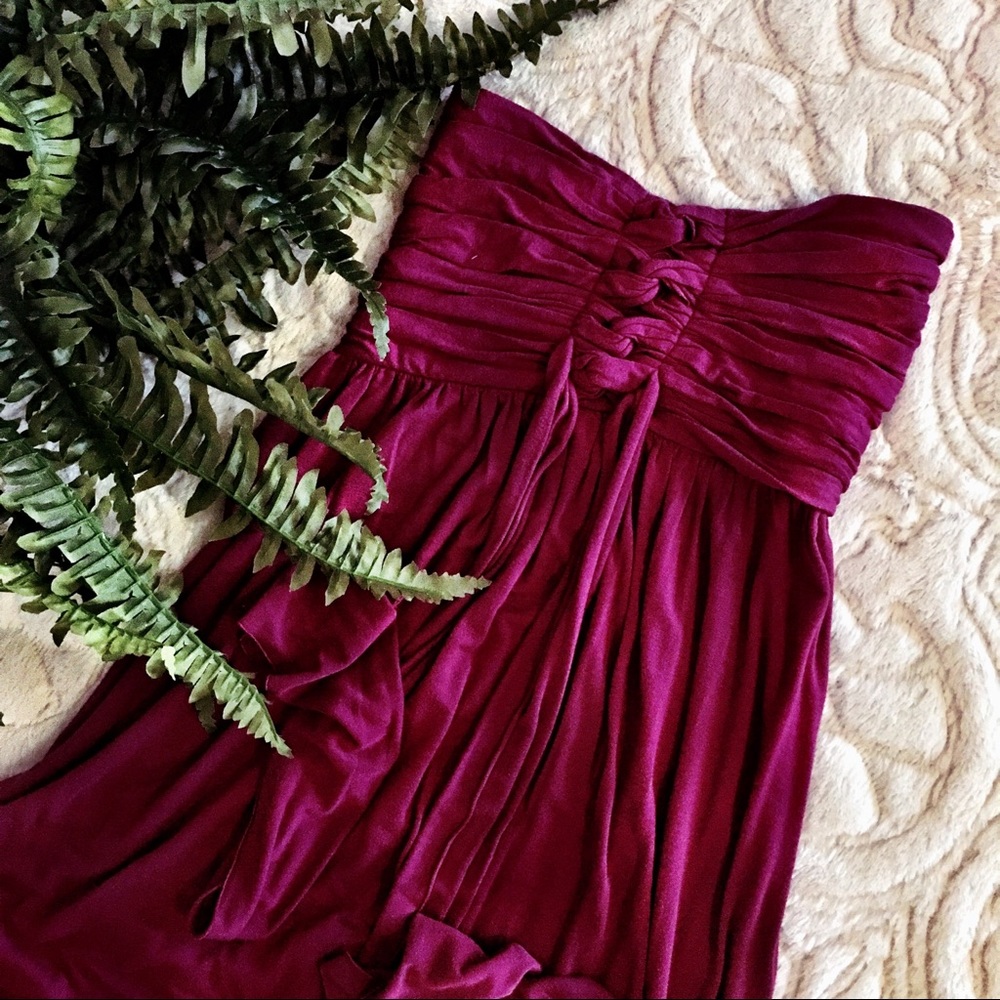 Maroon floor length strapless maxi dress